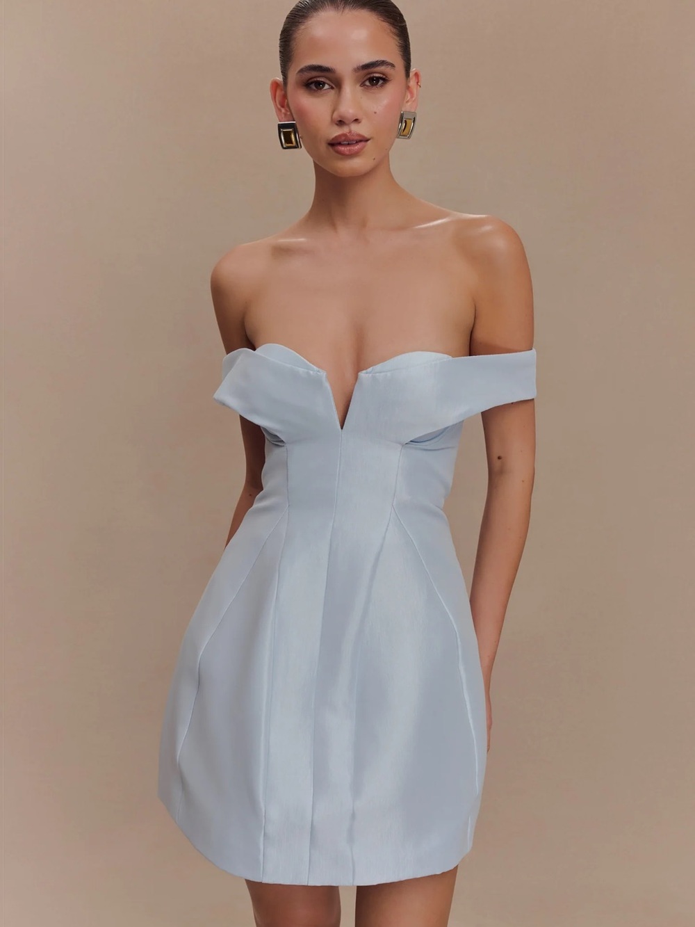 Diana Off-Shoulder Powder Baby Blue Mini Dress- Meshki NWT